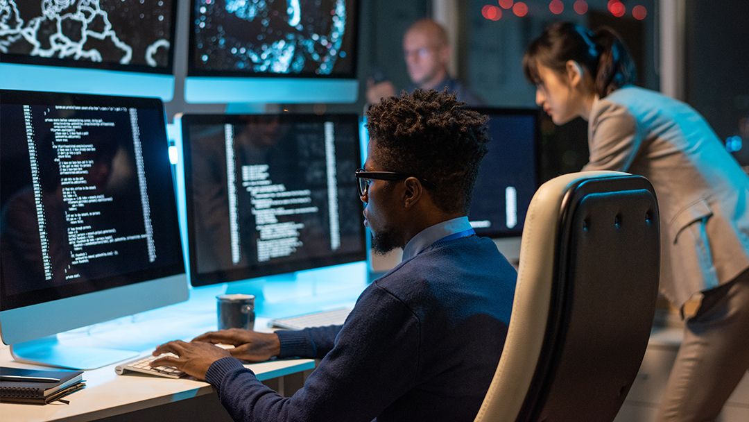 A homeland security professional working at a computer