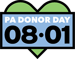 A heart-shaped blue and green logo. "PA Donor Day 08.01."