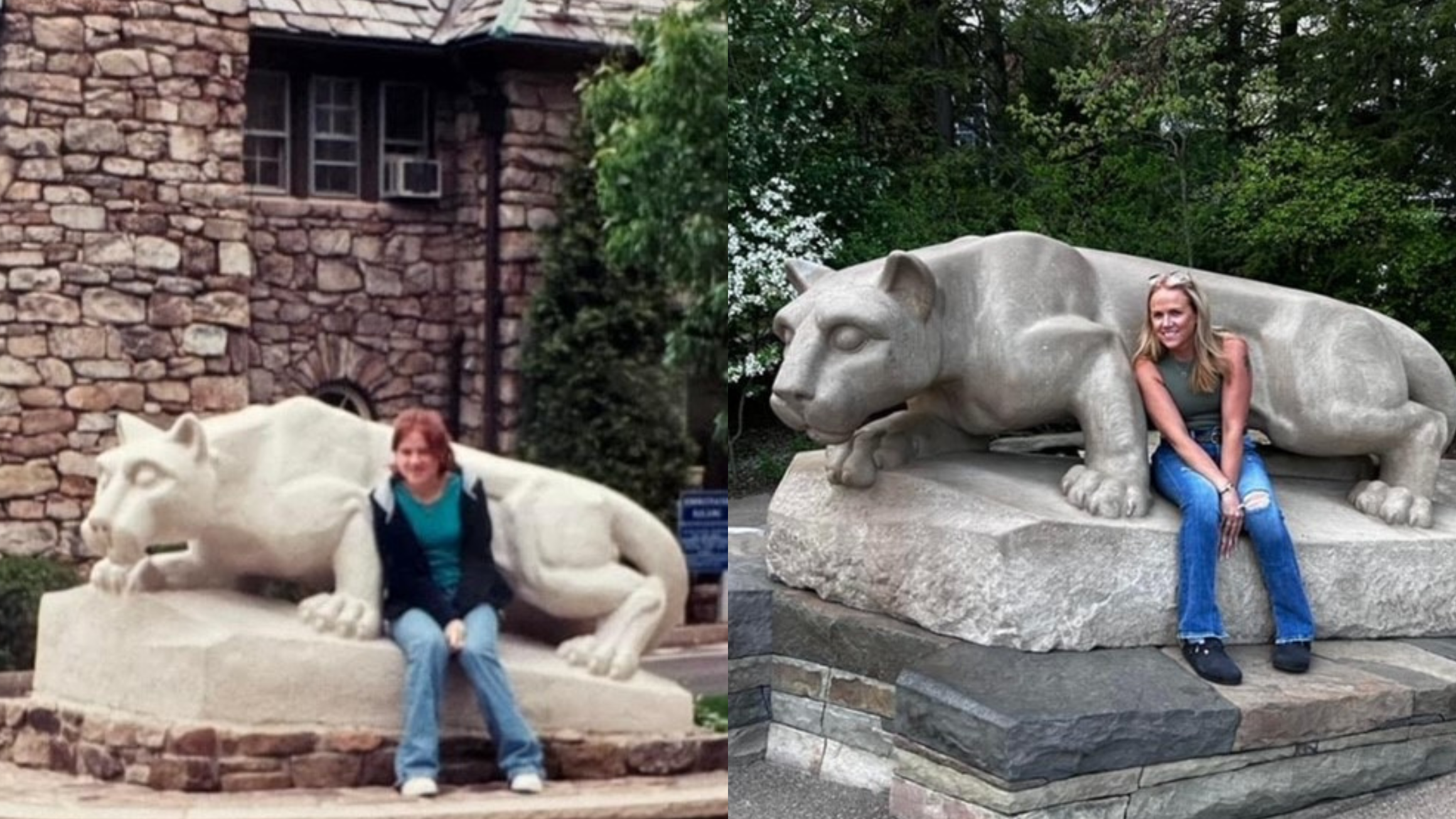 Two photos of a woman sitting with Nittany Lion sculptures.