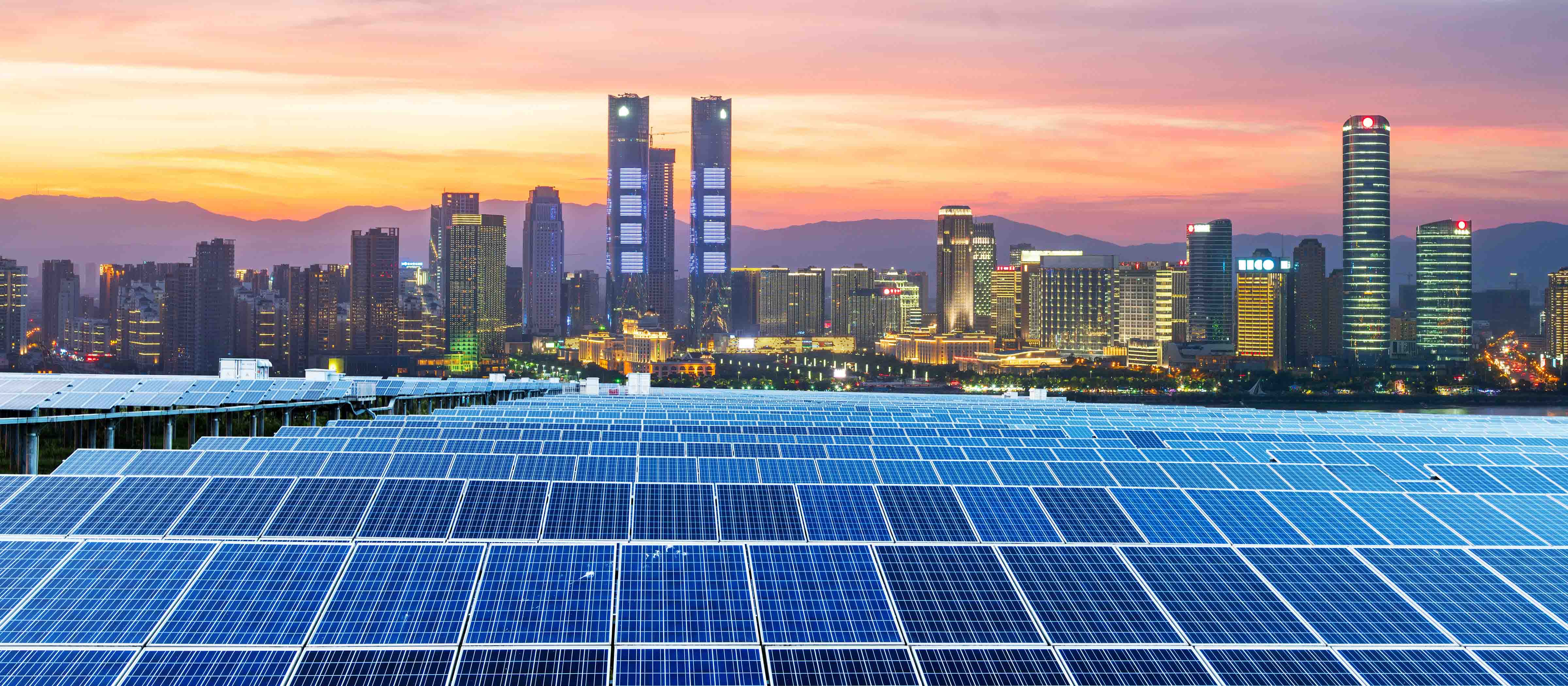 solar panels with a city skyline in the background 