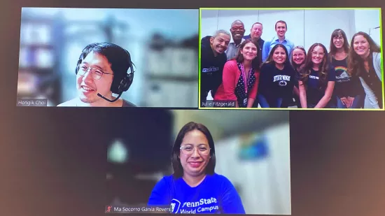 Three Zoom screens are shown. One shows Hongik Choi, another shows Ma Socorro Gania Rovers, and the other shows the students attending in person.