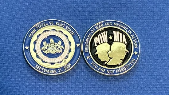 Two coins displayed on a blue background.