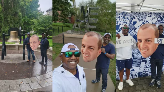 A collage of three photos of two men holding a large cutout of Devon Love's face around campus.