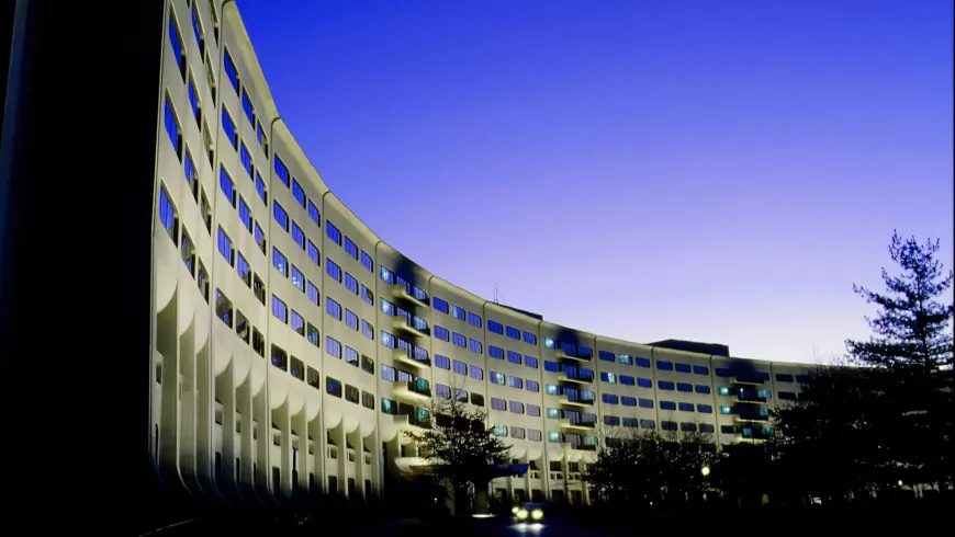 The building that houses the Penn State's College of Medicine is shown at dusk.