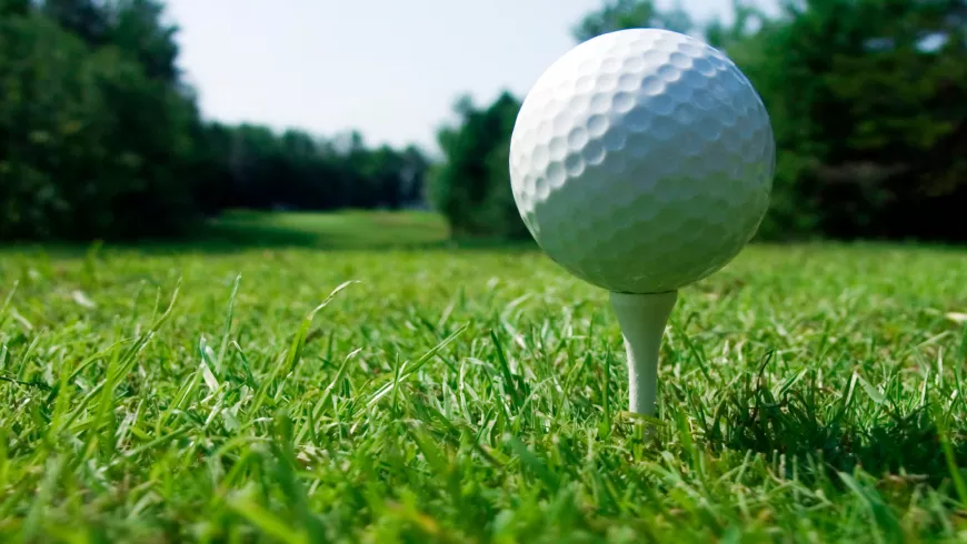 close-up of a golf ball on a tee surrounded by green grass